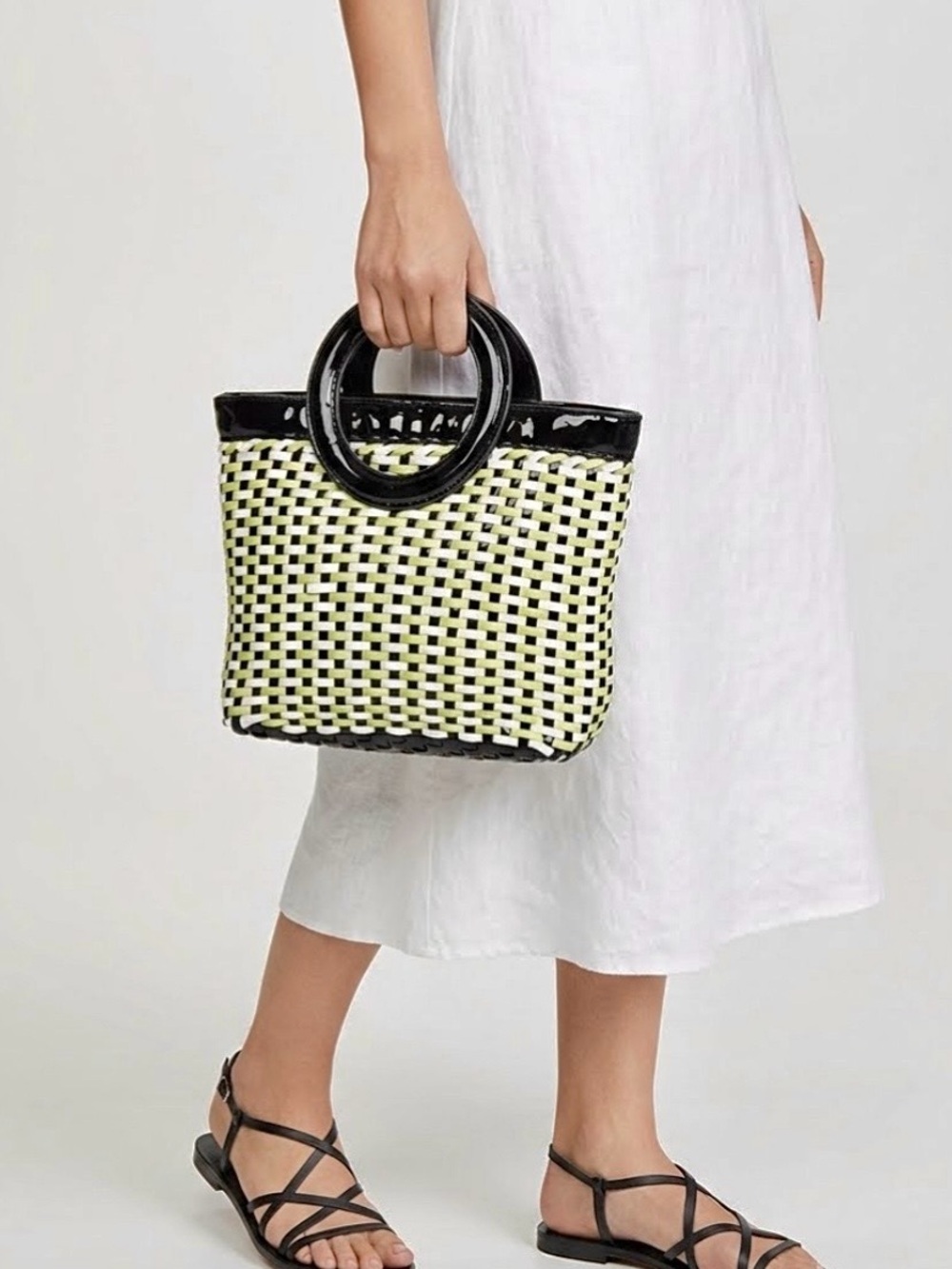 New SOLID & STRIPED REVOLVE Woven Black White Green Handbag Tote